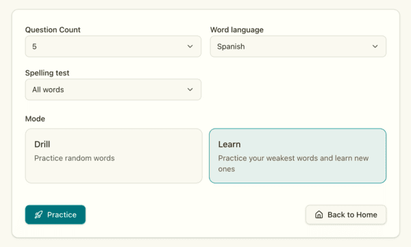 Spelling practice settings screen